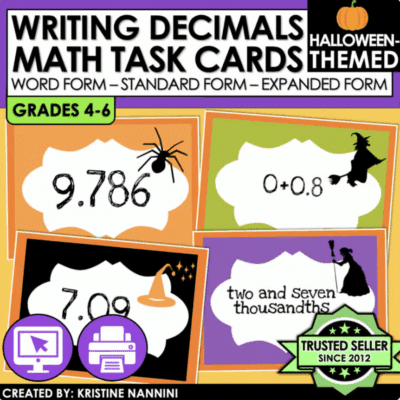 Writing Decimals Task Cards and Memory Matching Game (Halloween Themed)