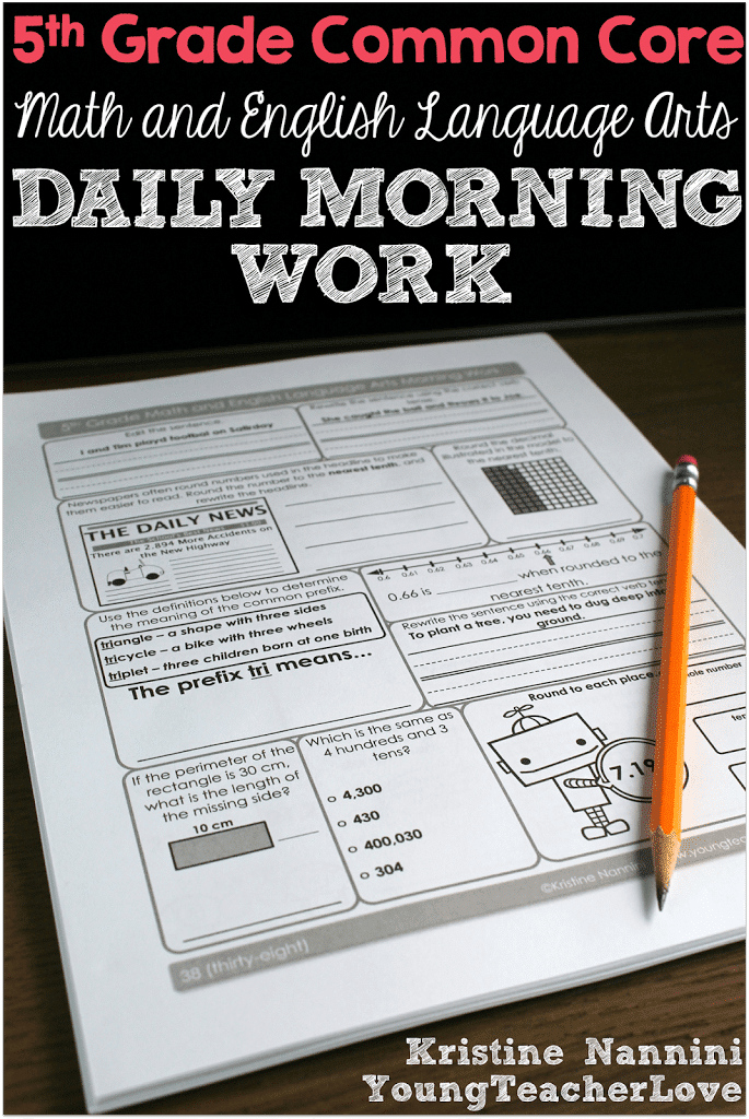 5th Grade Math and English Language Arts Daily Morning Work- Young Teacher Love by Kristine Nannini
