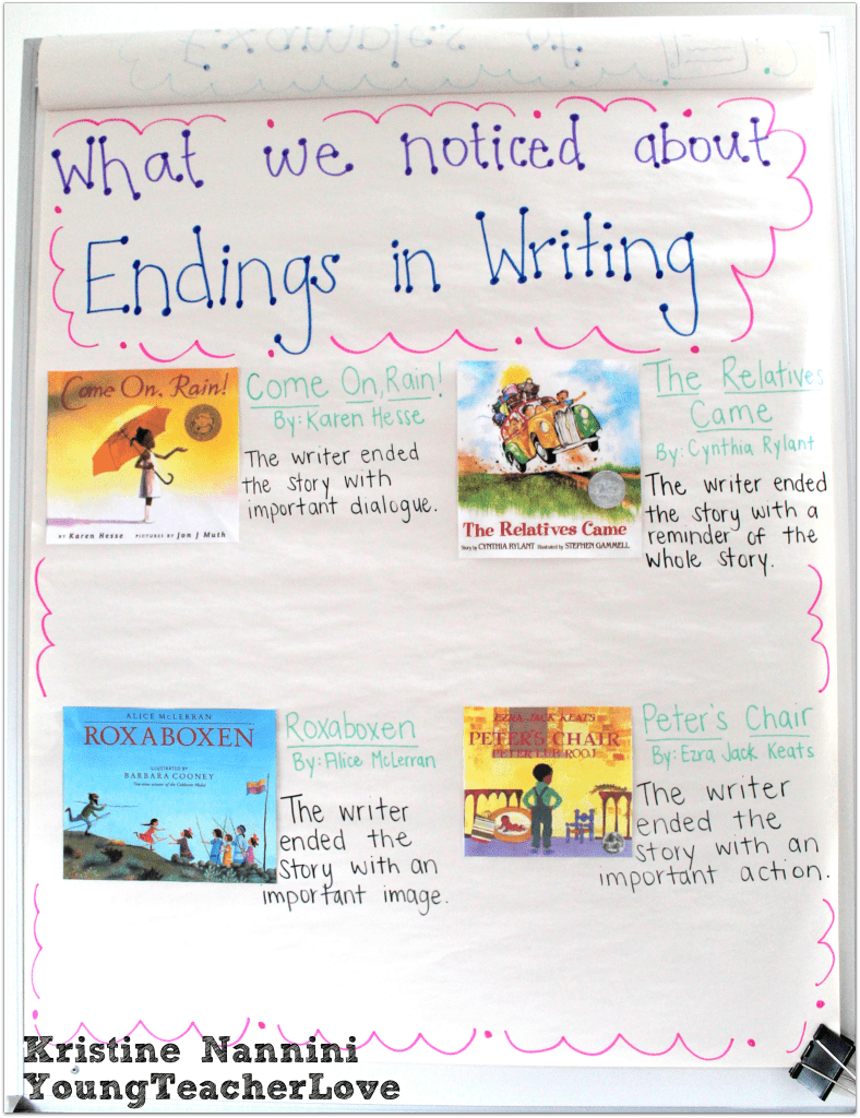 Picture Books for Writing Narrative Endings Anchor Chart - Young Teacher Love by Kristine Nannini