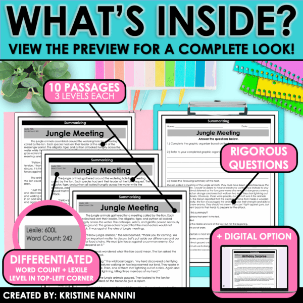 Slide20 Fiction Differentiated Passages and Questions Summarizing