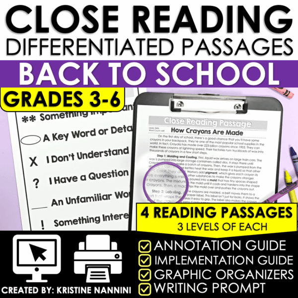 Differentiated Close Reading Passages Back to School Themed