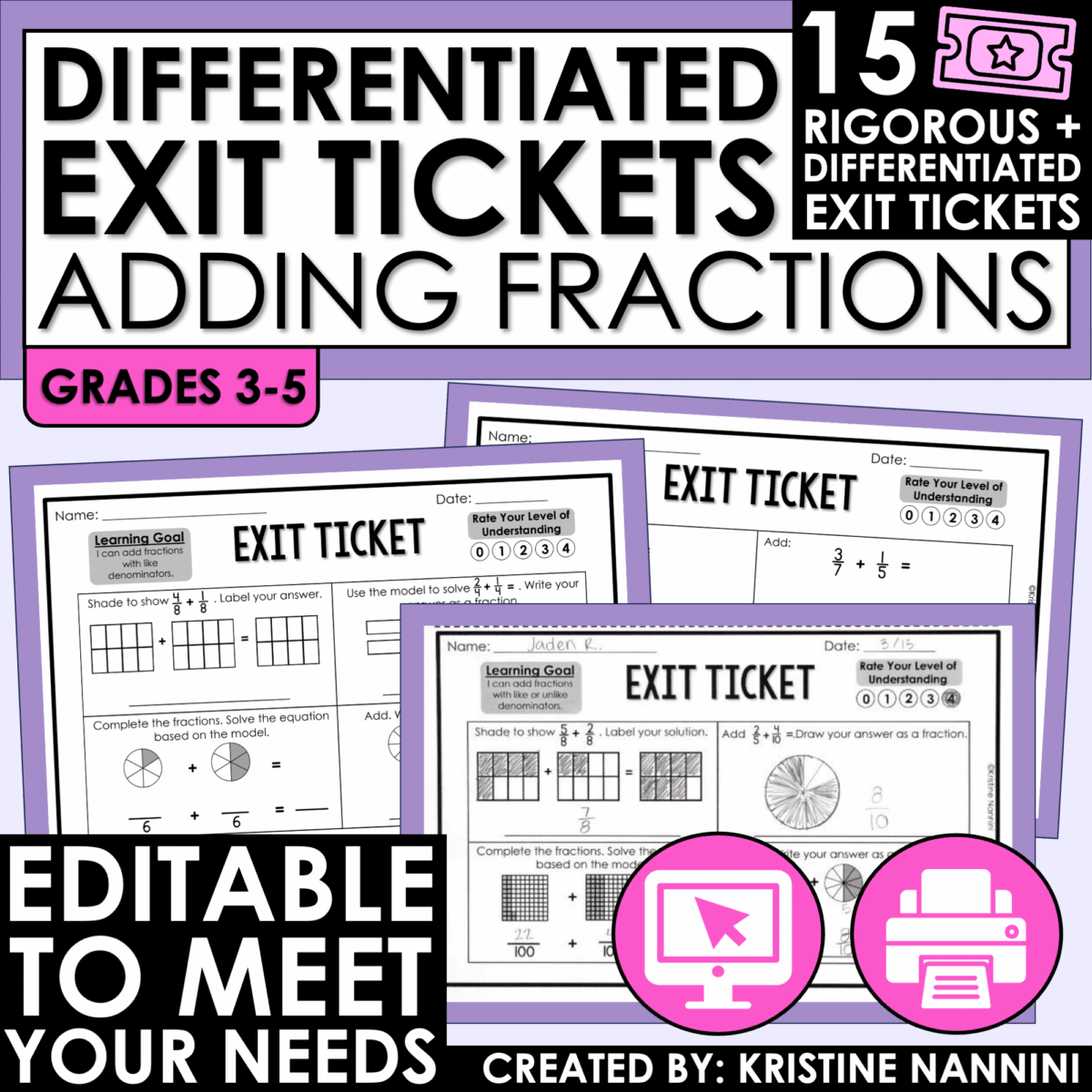 Adding Fractions Exit Tickets - Differentiated Math Assessments ...