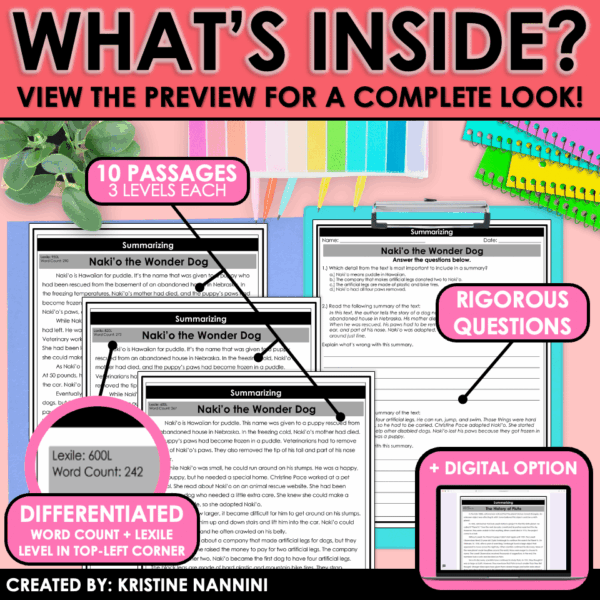 Slide8 Differentiated Nonfiction Reading Passages and Questions Summarizing