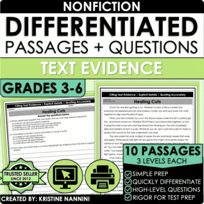 Citing Text Evidence Informational Reading Passages and Questions