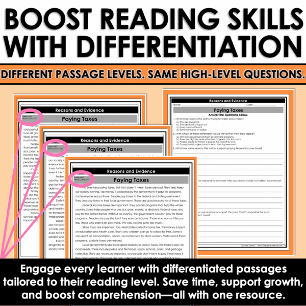 Slide34 Differentiated Nonfiction Passages and Questions Reasons and Evidence + Author's Claim