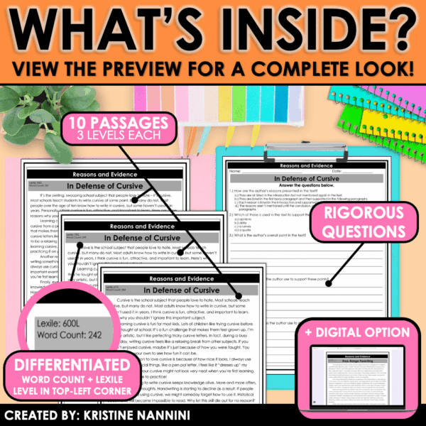 Slide36 Differentiated Nonfiction Passages and Questions Reasons and Evidence + Author's Claim