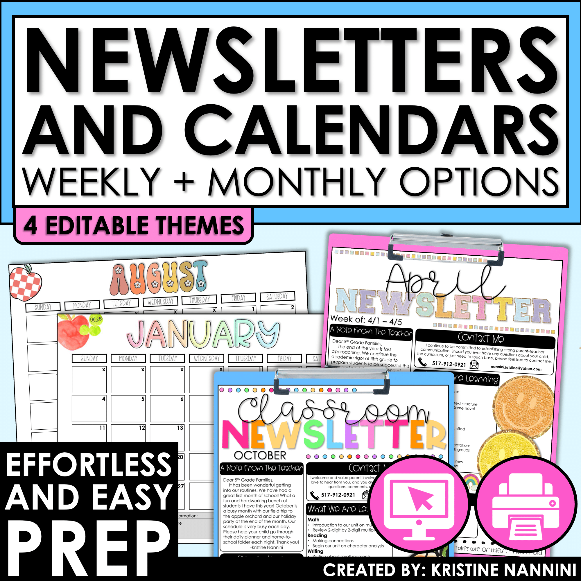 Weekly and Monthly Editable Newsletter and Calendar Templates