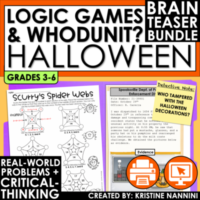 Halloween Math Logic Puzzles and Whodunit Bundle for Halloween Activities
