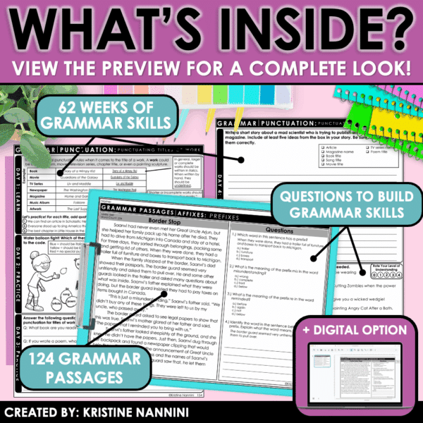 Slide4 Grammar Skill of the Week and Reading Comprehension Passage Bundle