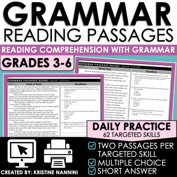 Grammar Reading Passages Comprehension 3rd, 4th, 5th, 6th grade