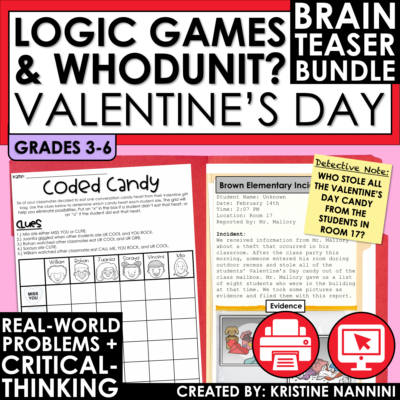 Valentine's Day Math Logic Puzzles Whodunit Bundle | Early Finishers Activities