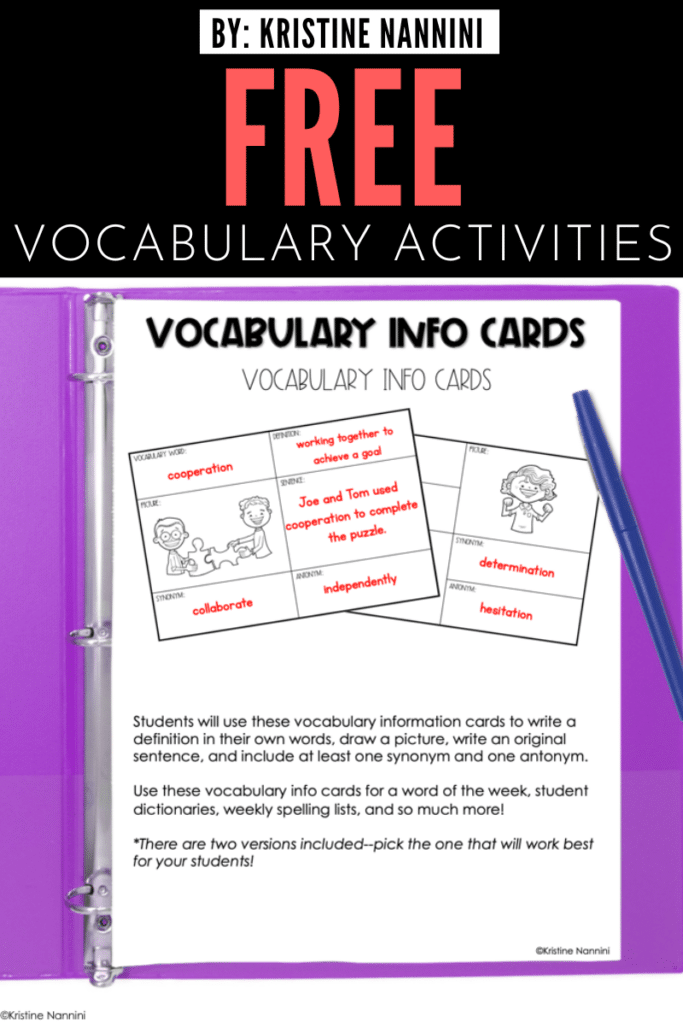 Vocabulary Freebies by Kristine Nannini
