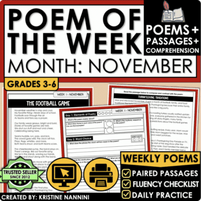 November Poem of the Week with Reading Comprehension Paired Passages Poetry Unit