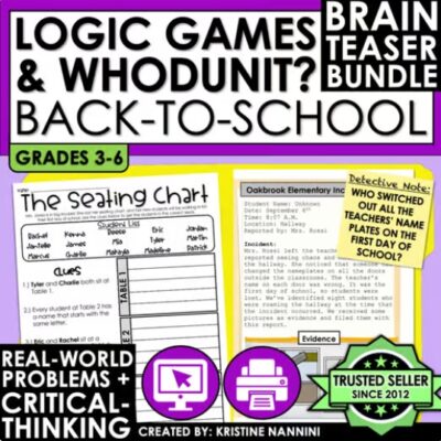 Back to School Math Logic Puzzles and Whodunit BUNDLE