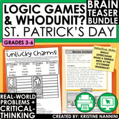 St. Patrick's Day Math Logic Puzzles and Whodunit Bundle for Early Finishers and Enrichment