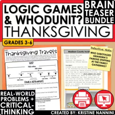Thanksgiving Math Logic Puzzles Whodunit BUNDLE | Early Finishers Activities