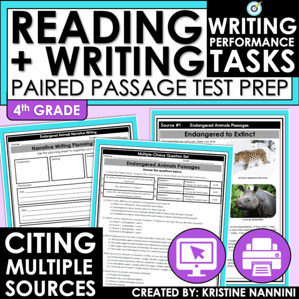 4th Grade ELA Test Prep Paired Passages REading and Writing