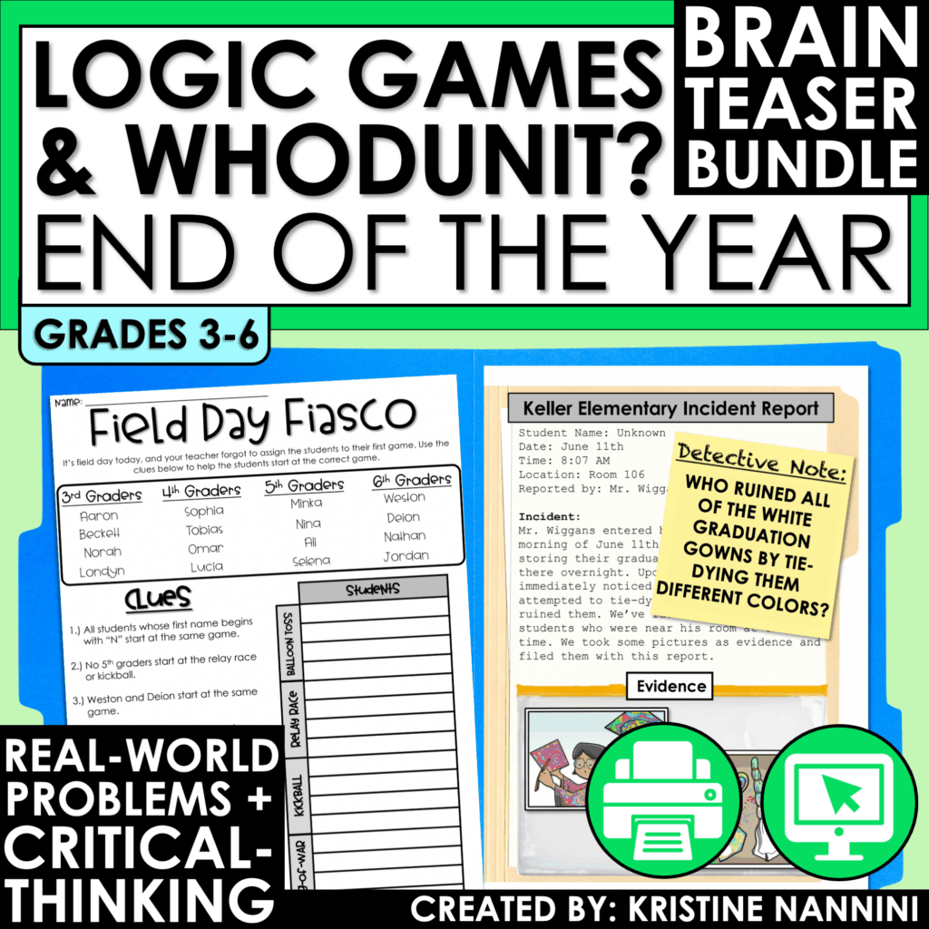 End of the Year Math Logic Puzzles Whodunit Bundle | Early Finishers Activities