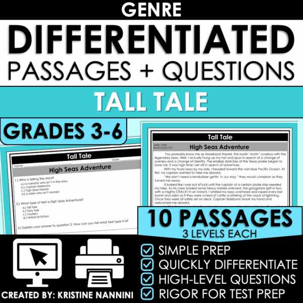 Differentiated Tall Tale Genre Reading Comprehension Passages