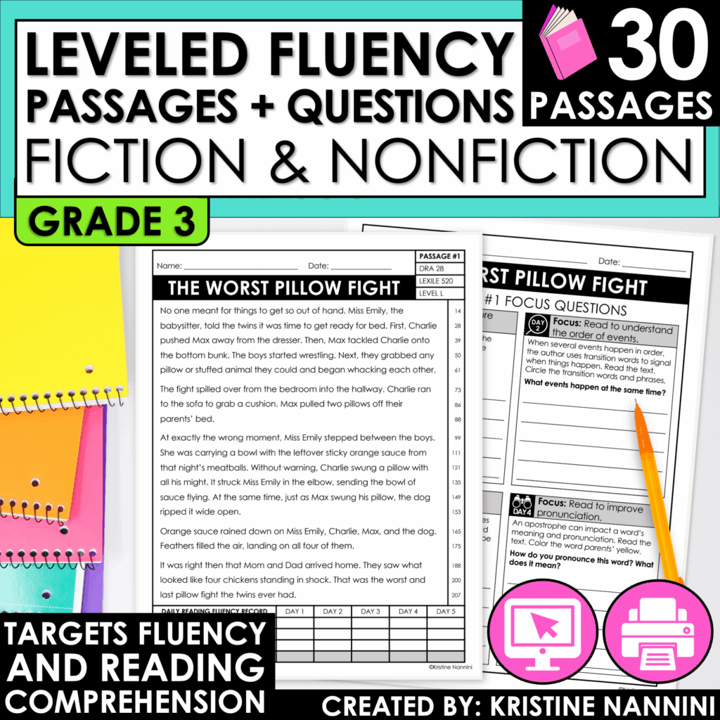 3rd Grade Leveled Fluency Passages with Comprehension