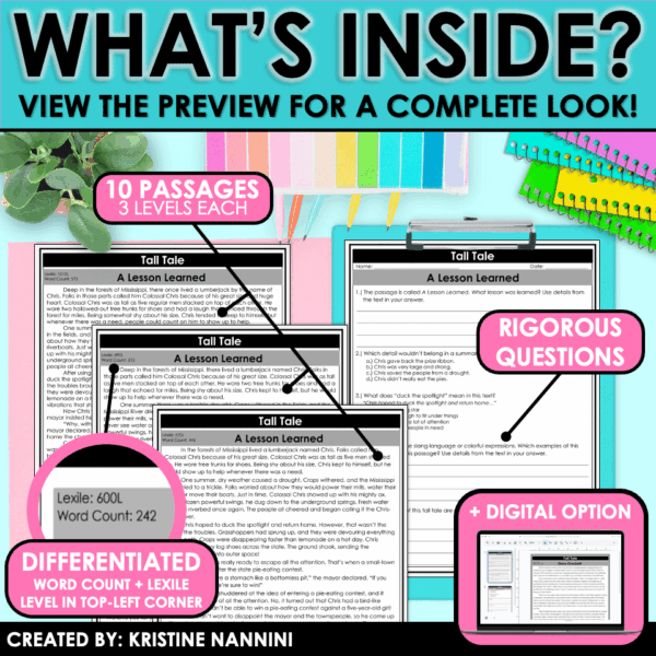 Slide20 Differentiated Tall Tale Genre Reading Comprehension Passages