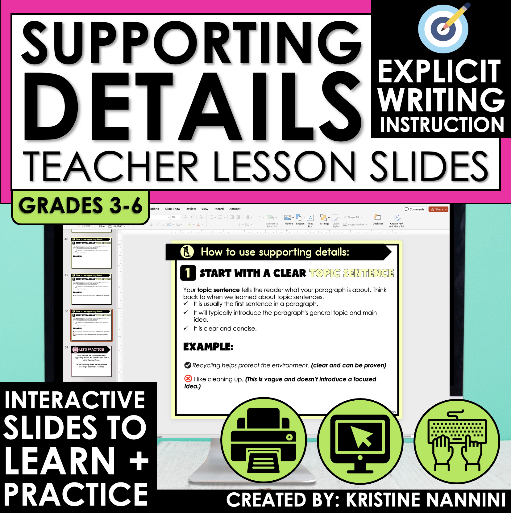 Supporting Details Teaching Slides with Main Idea Paragraph Writing Lesson Plans