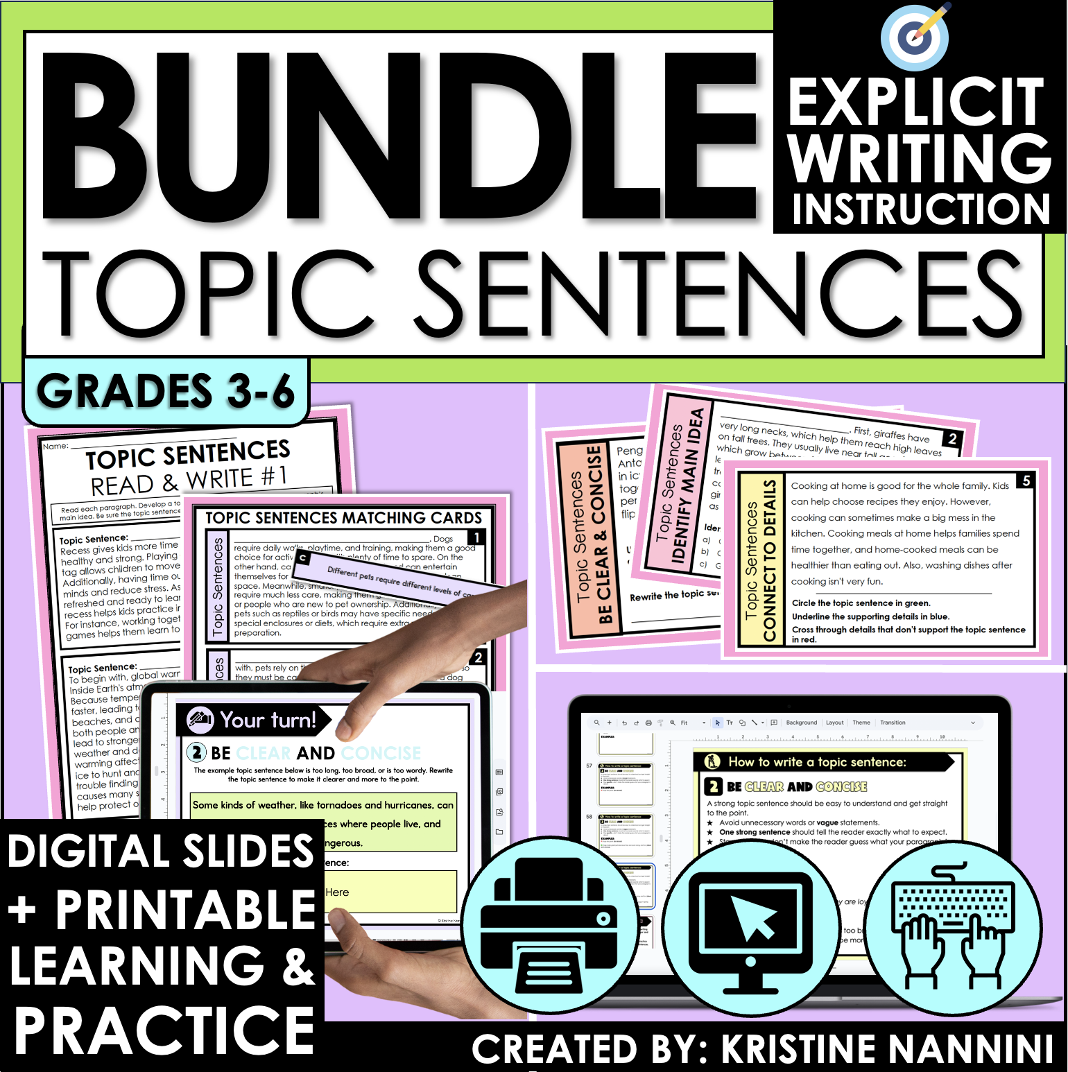 Topic Sentence Writing Activities with Main Idea Practice Worksheets Task Cards